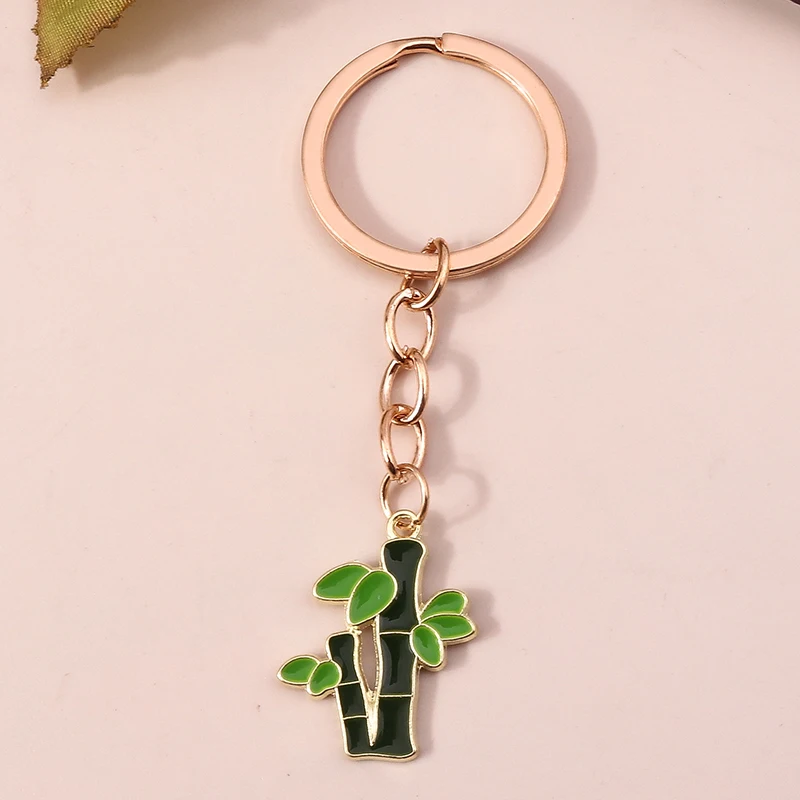 

New Bamboo Keychain Enamel Plant Charms Keyrings Women Men Handbag Pendants Car Key Chains DIY Jewelry Crafts Accessories