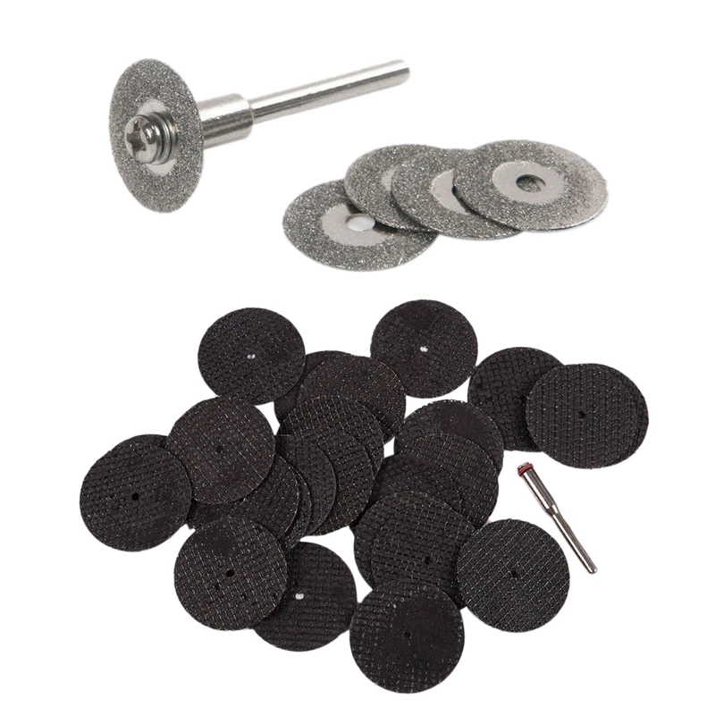 

2 Set Blades Kit: 1 Set 5 Pcs 22Mm Emery Diamond Cutting Blades Drill Bit + 1 Pcs Mandrel & 1 Set 25 Pcs 32Mm Resin Cutting Whee