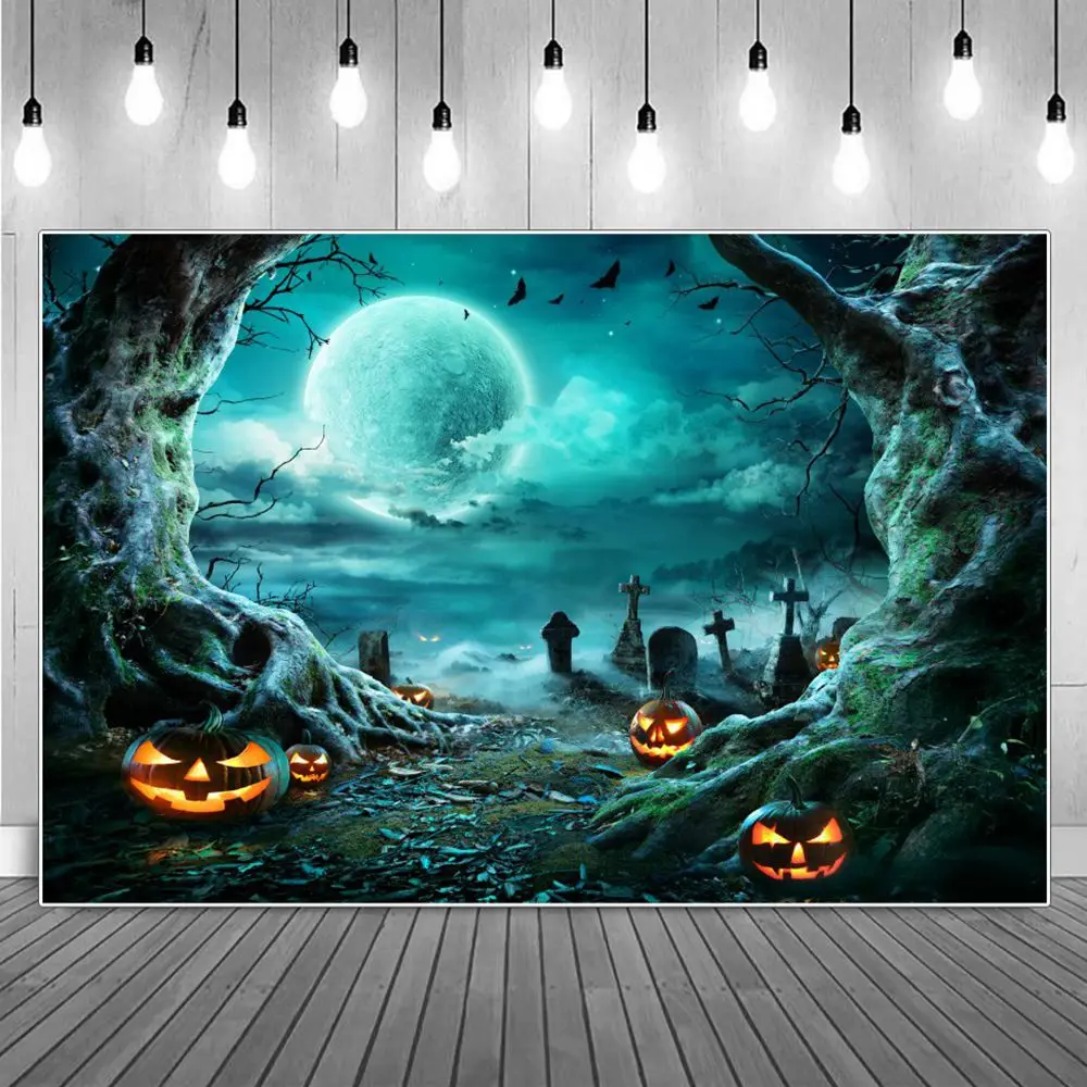 

Boys Pumpkin Face Light Cemetery Halloween Party Decoration Photography Backdrops Kids Adventure Old Tree Roof Photo Backgrounds