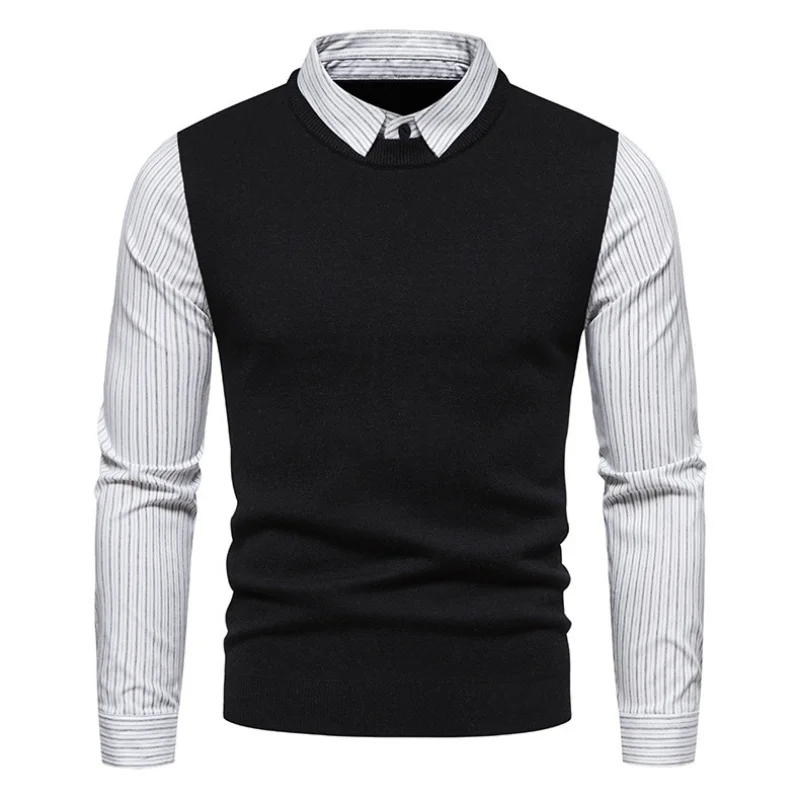 

New Fashion Men's Turn-down Collar Pullovers Long Sleeve Spliced Outwear Breathable Formal Sweater Shirts Fake Two Tops