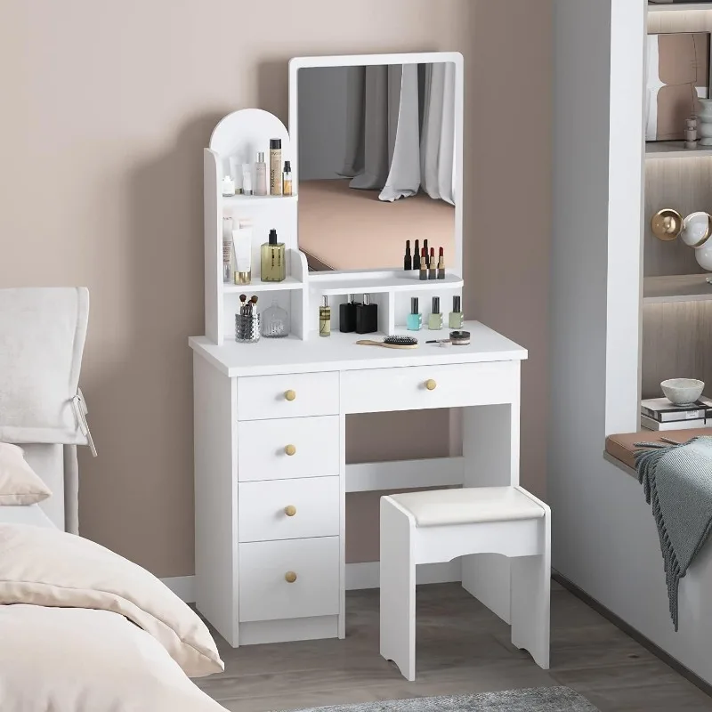 

Vanity Desk Set with Large Mirror, Makeup Vanity Dressing Table with 5 Drawers, Storage Shelves and Cushioned Stool for Bedroom
