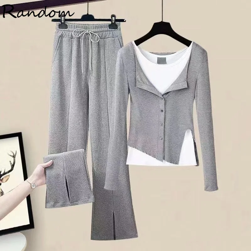 

Tracksuit Women Knitted Vest+Cardigan+Split Wide leg pants Three piece sets Female Autunm Winter Trousers Suit Matching Outfits
