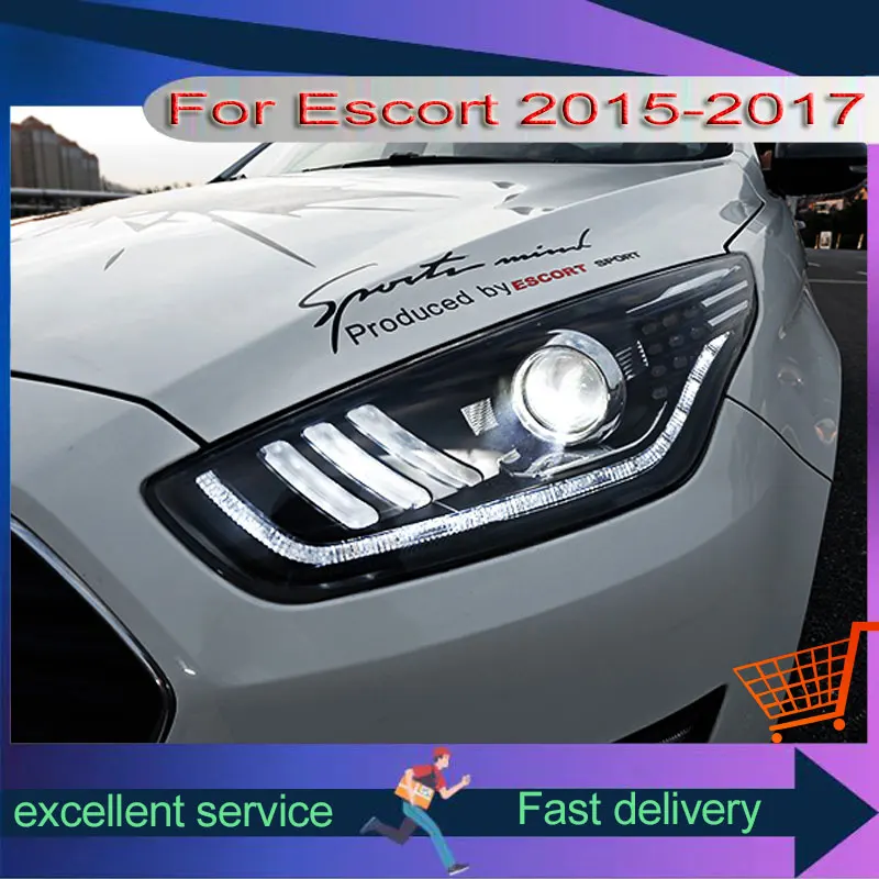 Фото Автомобильные фары для Ford Escort 2015-2017, фара в сборе, ремонт в стиле Mustang, светодиодные DRL с двойной проекционной линзой, ксеноновая передняя лампа №5