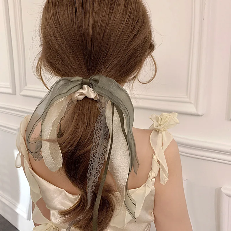 

French elegant gauze ribbon hair ribbon tied fairy bow hair rope sen circle head rope headdress summer headbands for women