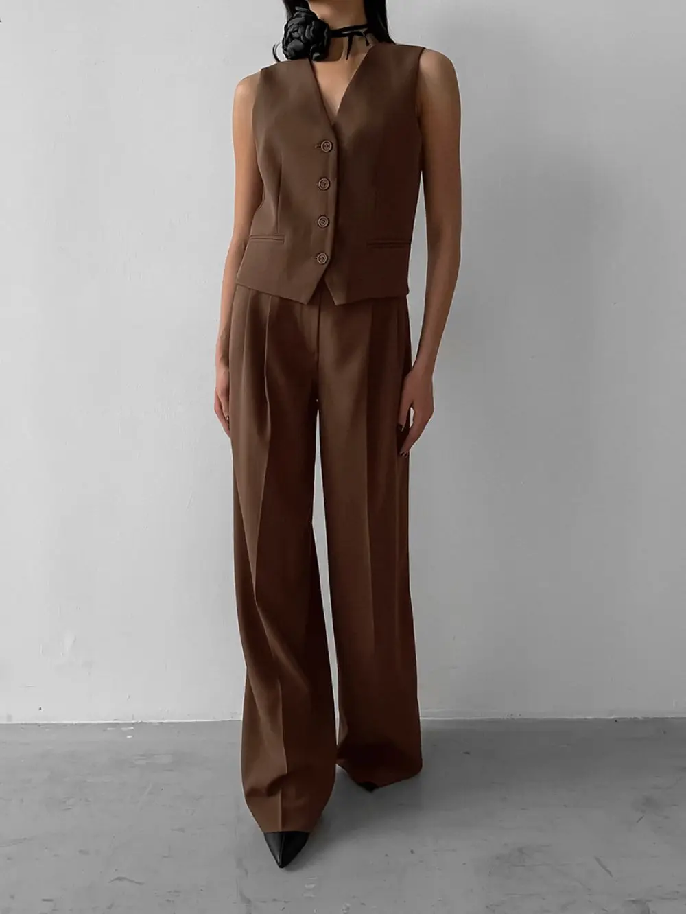 Винтажный коричневый брючный комплект для женщин элегантный офисный женский