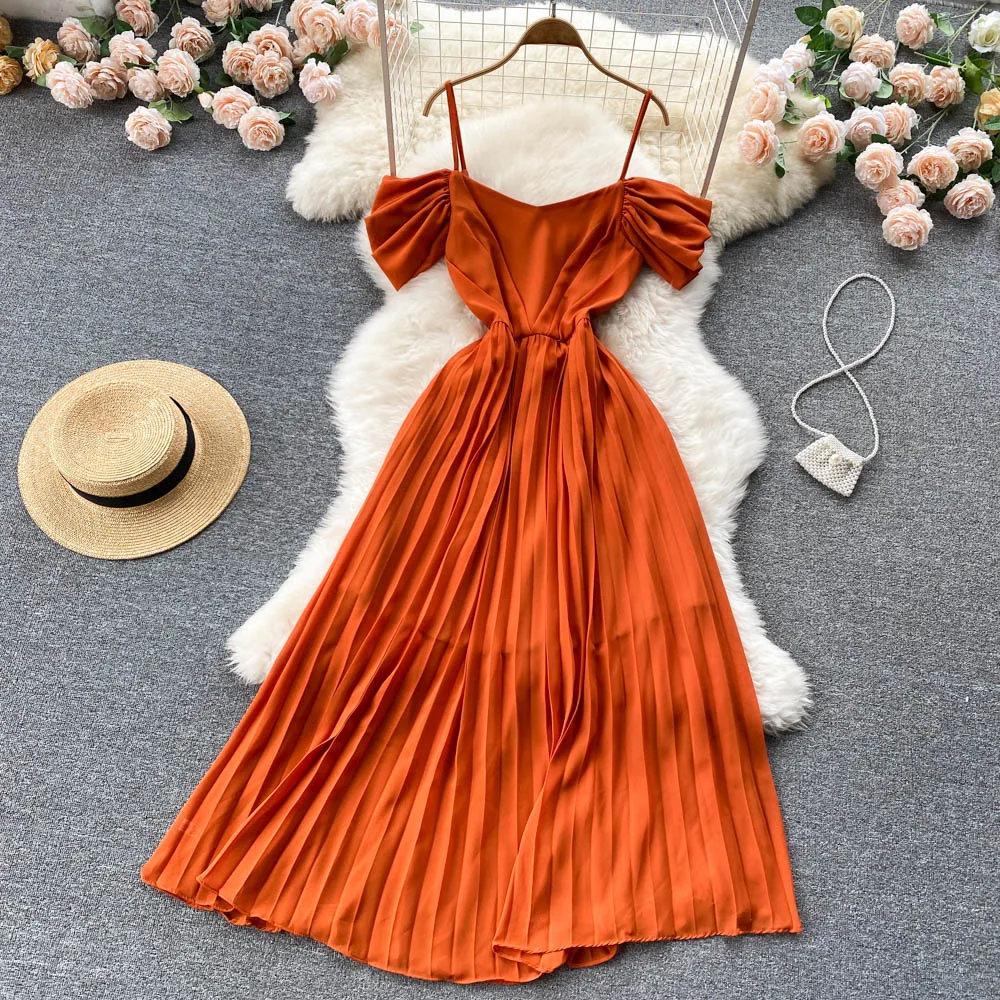 

Seaside Holiday Beach Dress Temperament Off Shoulder Suspender Chiffon Dress with Thin Waist and Super Fairy Pleated Dress Women