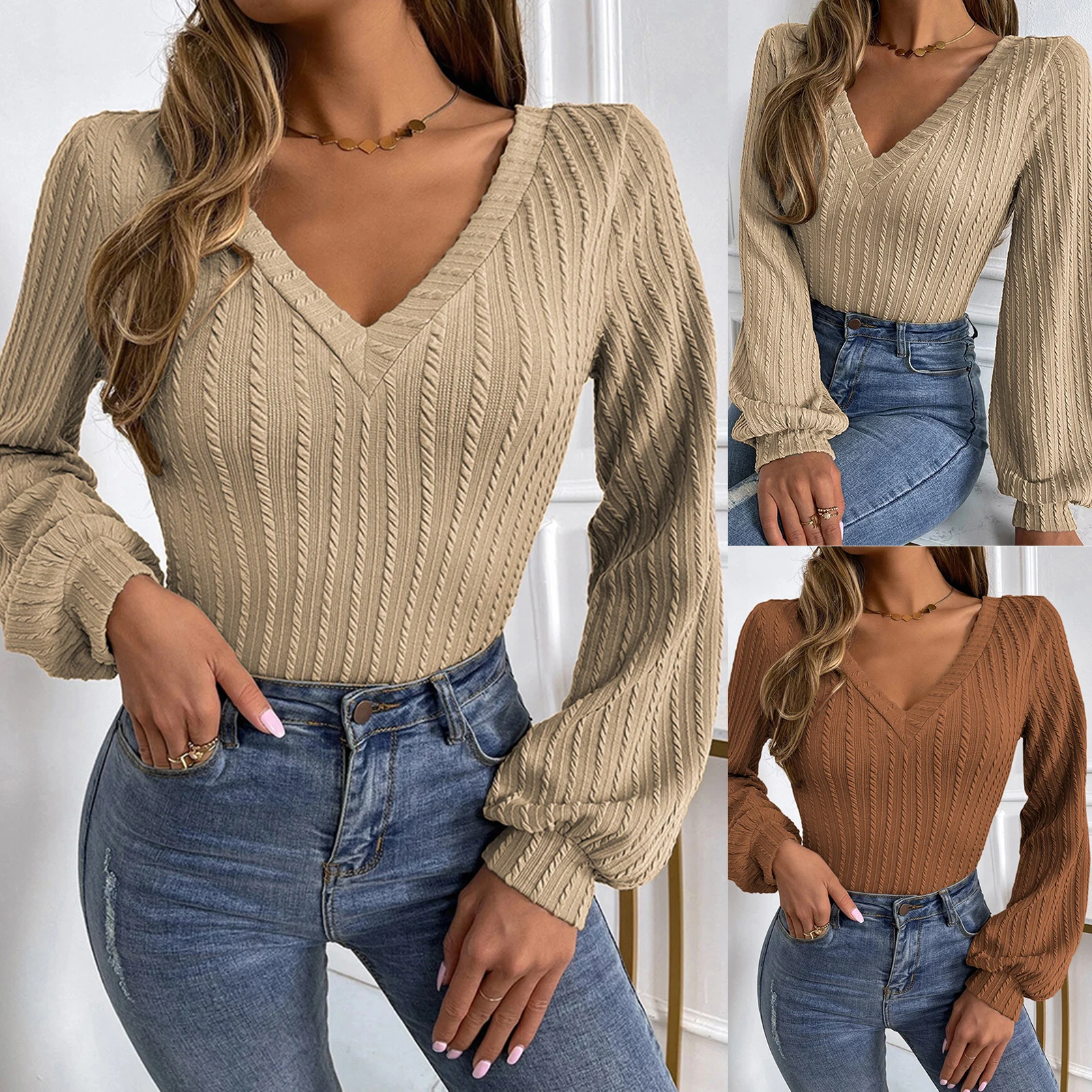 

Vintage Style Women Bodycon Top Solid Color Chic Casual Long Puff Sleeve Shirt Soft V Neck Autumn Ladies Daily Commuting
