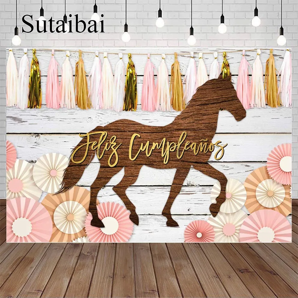 

Feliz Cumpleanos фон испанская лошадь день рождения принадлежности для девочек Cowgirl Farm Западная Вечеринка баннер деревенская древесина
