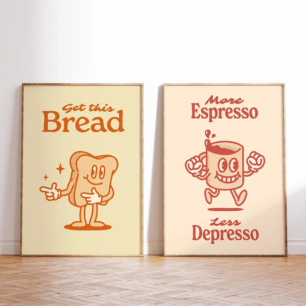 More Espresso Less Depresso Bread Poster Print Record Player Retro Cartoon Character Wall Art Picture Room Decor Canvas Painting