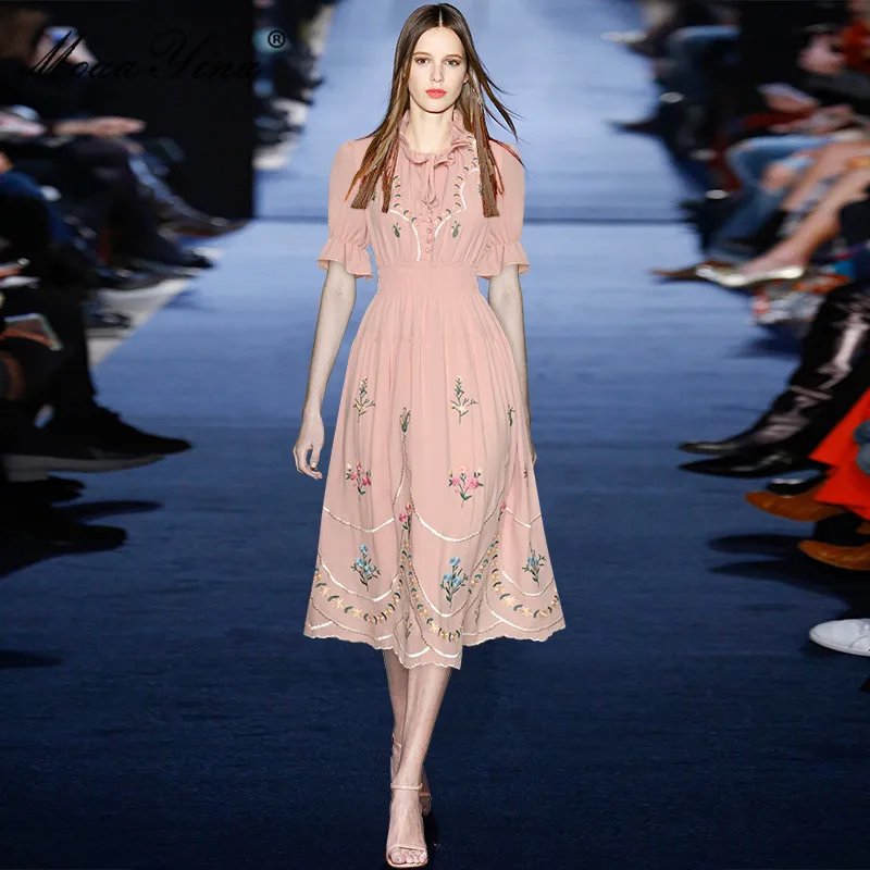 

Fashion Designer Summer Midi Dress Women's Short sleeve Elastic waist Flower Embroidery Vintage Party Dress