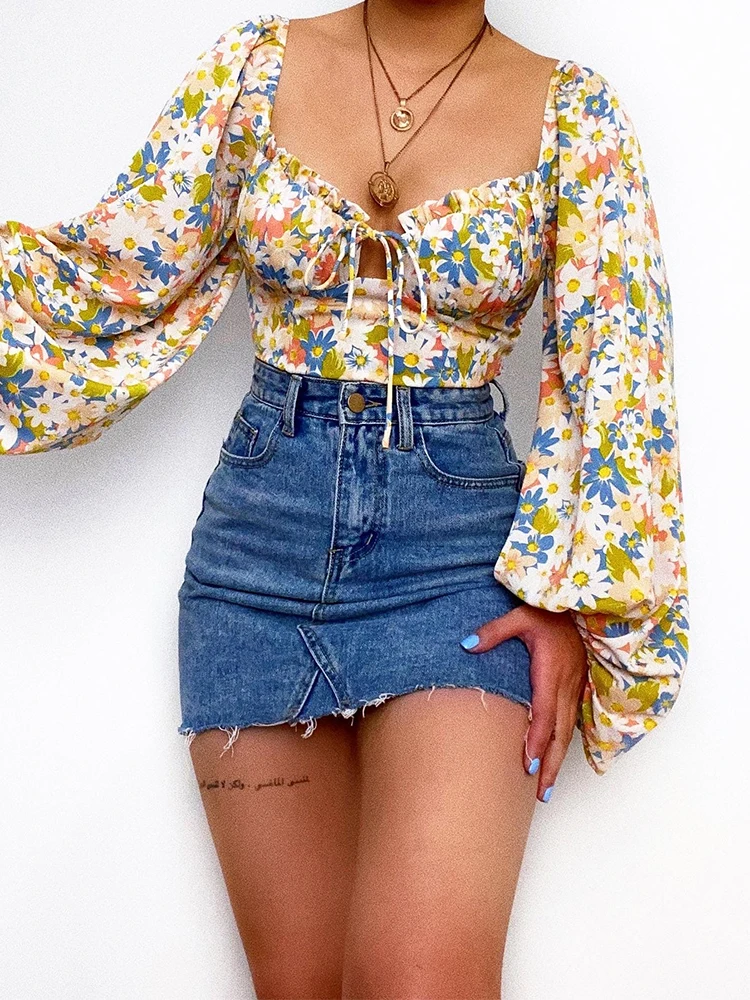 

Spring Summer Elegant Floral Print Puff Long Sleeve Tops Women Squared Collar Hollow Out Tie-up Blouses Fashion Chic Shirts Tops