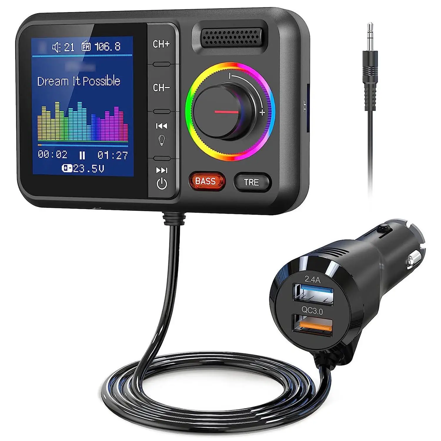 Фото BT98 Автомобильный Bluetooth MP3-плеер, зарядное устройство прикуривателя, 1,5-дюймовый цветной экран, FM-передатчик, громкая связь, голосовой помощник №2