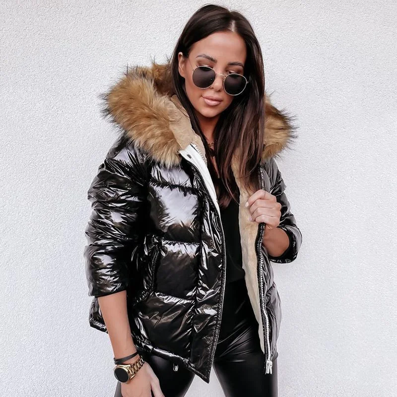 2022 Winter Luxury Shiny PU Loose Jacket Women Fur Collar Hooded Parkas Female New Velvet Thick Warm Down Cotton Coats Oversized