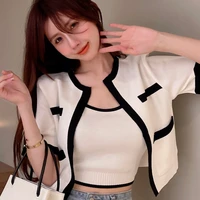 korean color matching striped knitted short sleeved cardigan with suspender vest set
