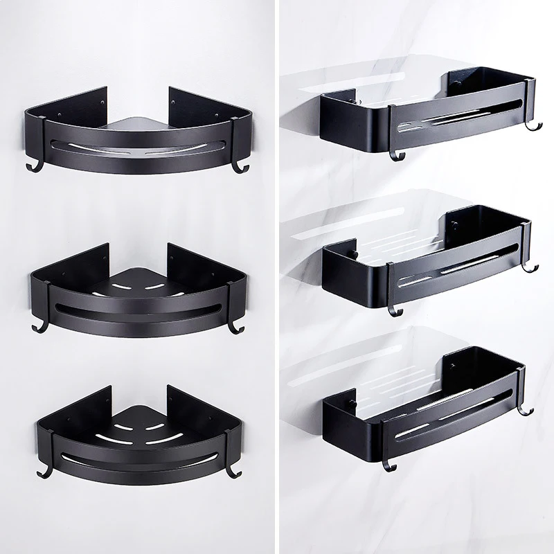 

Aluminum Toilet Shampoo Holder Black Bathroom Shelf Organizer Shower Storage Rack Black Corner Shelves Wall Mounted