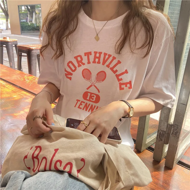 

Letter Printed Casual Loose Fashion Short Sleeve Women Basic All Match College Wind Cotton Women Top T-shirts