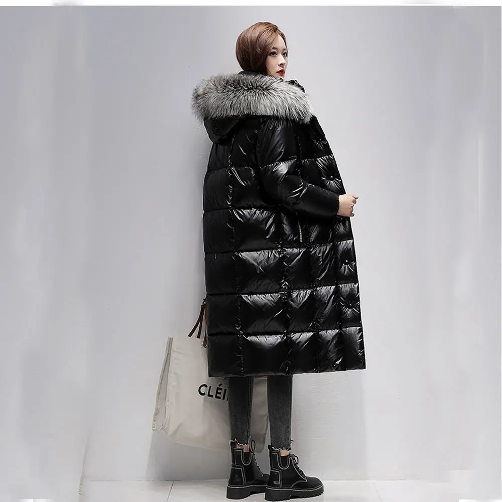 New Korean version of thick coat knee-high fur collar bright black cotton-padded jacket coat