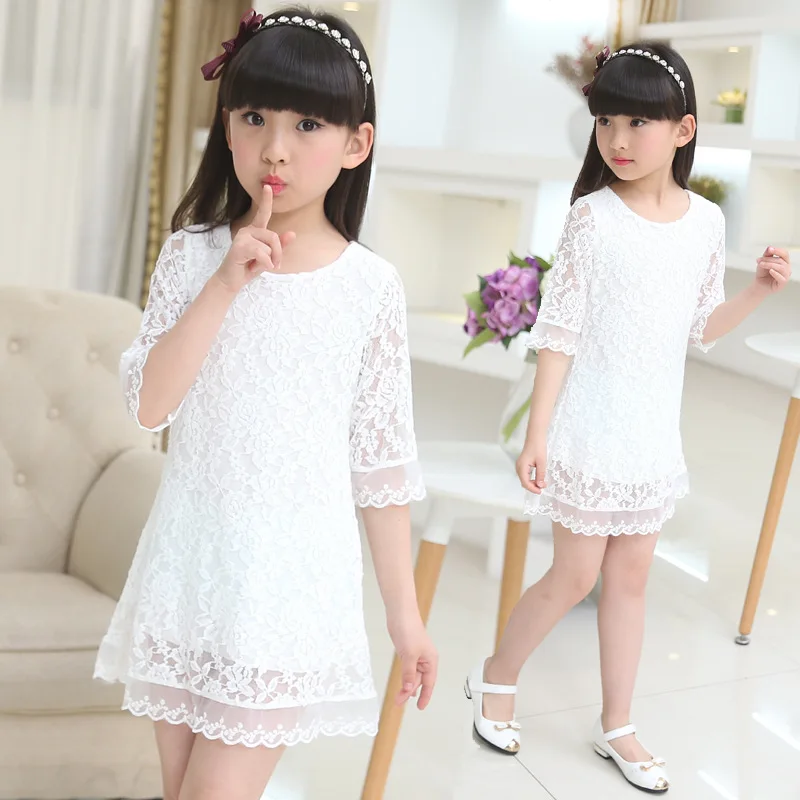 Kids 2023 new summer autumn lace dress white large size girls dress princess 3 4 6 8 10 12 14 16 18 years old baby girl clothes