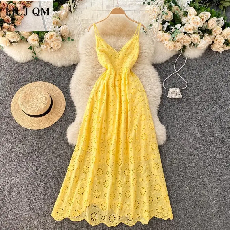 

Pink/blue/white/yellow Boho Long Dress 2022 Summer Women Sexy V-neck High Waist Hollow Out Retro Spaghetti Strap Dress Women