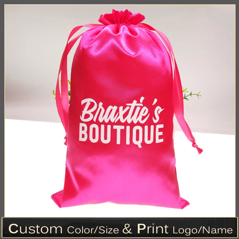 

Print Logo Custom Satin Virgin Hair Bags Eye Mask Collection Silk Pocket Gift Bag Hair Dryer Drawstring Storage Bag 50pcs/lot