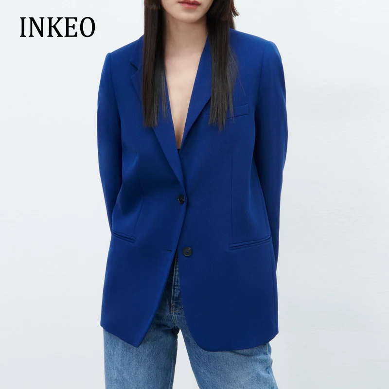 Elegant trousers suit Office lady Spring Autumn Loose Blazer jacket Navy blue Wide leg pants Women 2 pieces set Chic INKEO 2O011