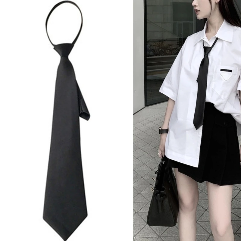 

652F Women Men Retro Solid Color Black Narror Neck Tie with Adjustable Lazy Zipper Student Pre-Tied Skinny Necktie Clothing for