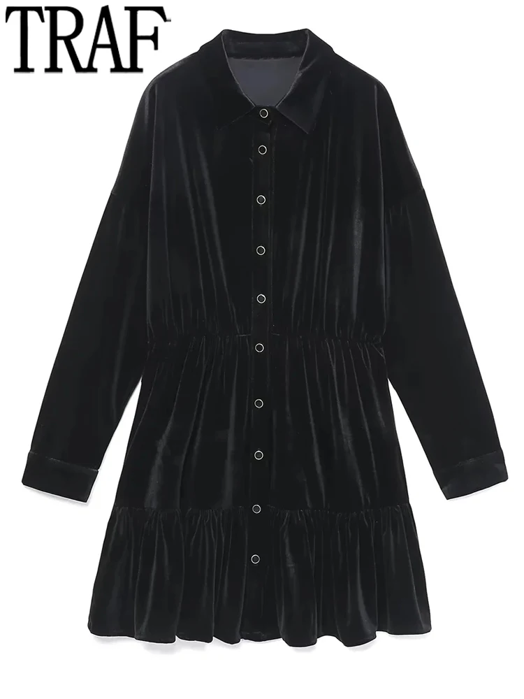 

TRAF Black Velvet Dress Women Vintage Ruffle Mini Dress Woman Autumn Short Shirt Dress Long Sleeve Elegant Dresses For Women