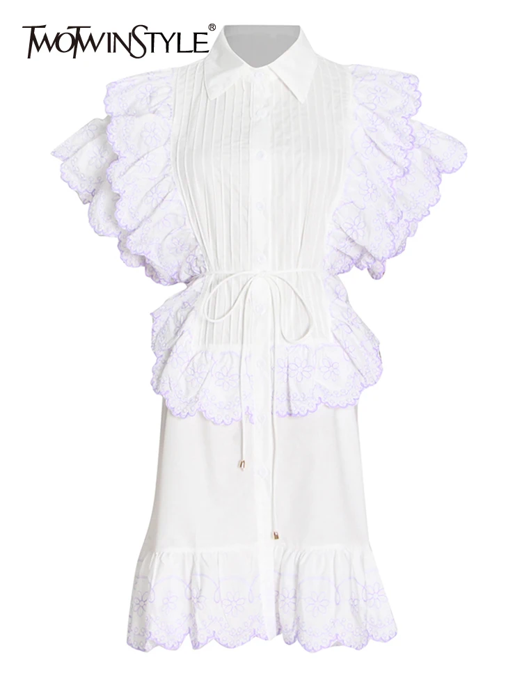 

TWOTWINSTYLE Sweet Embroidery Dress For Women Lapel Flying Sleeve High Waist Colorblock Mini Dresses Female Fashion Clothing New