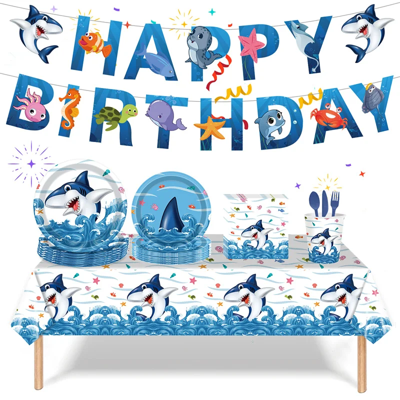 

Cartoon Shark Ocean Birthday Party Disposable Tableware Set Balloons Plate Cup Banner Decorations Backdrops Baby Party Supplies