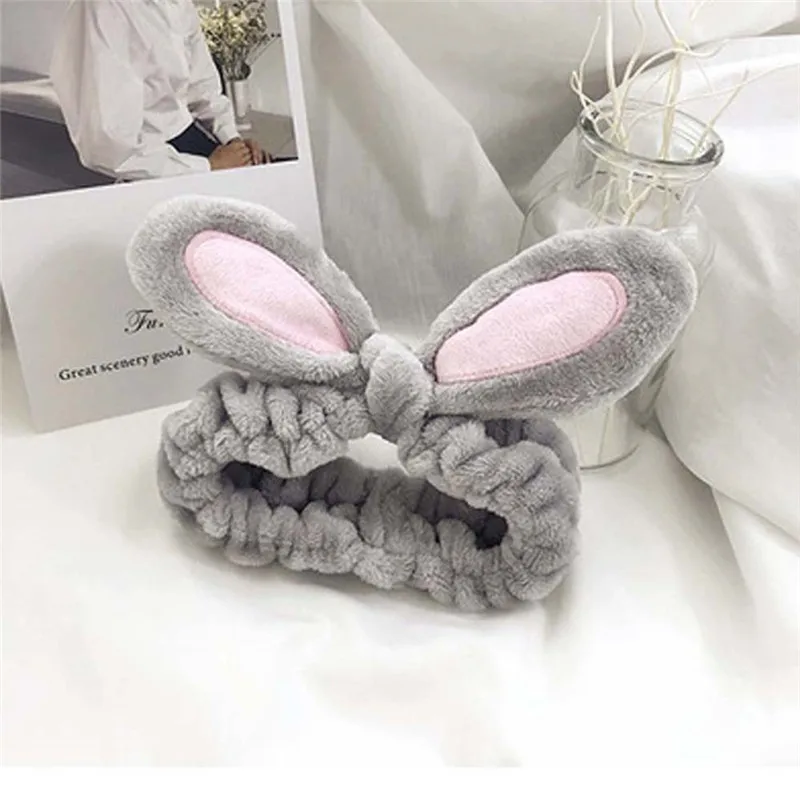 

1Pcs Grey Makeup Headband Candy Color Washing Face Turban Rabbit Ears Hairband Women Head Wrap Soft Coral Fleece Makeup Tools