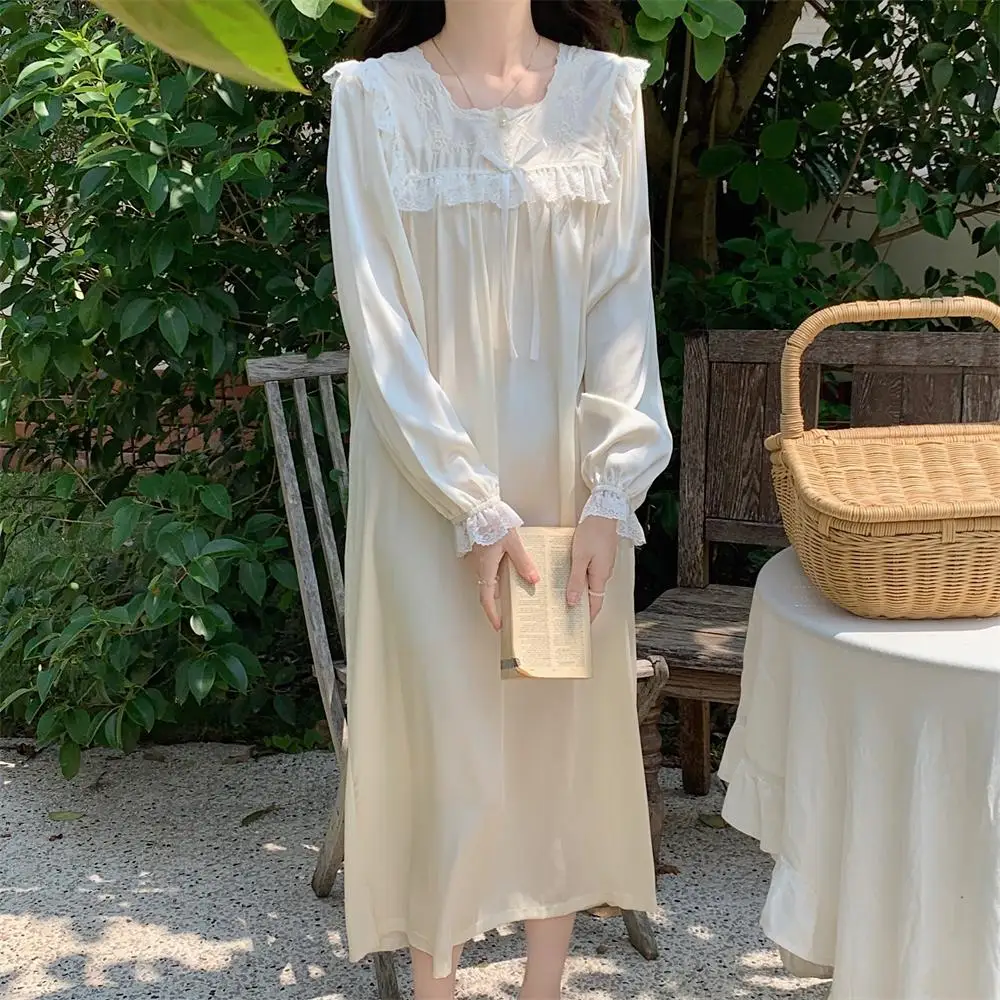 Satin Square Collar Autumn Nightgown Women Lace Patchwork Long Sleepwear Loose Casual Sweet Night Dress Floral Embroidery