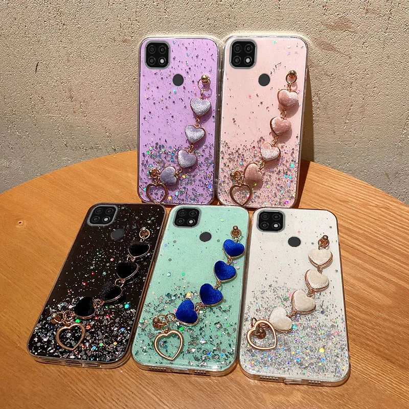luxury love heart plush bracelet phone case for realme c21 6 7 7i 8 8i pro c11 c15 c25 xt x50 x7pro wrist chain silicon cover free global shipping