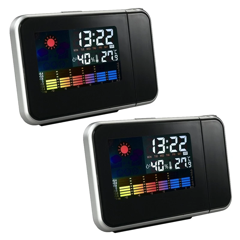 

2X Table Clock Digital Alarm Clock With Projection Ceiling Projector Alarm Clock Temperature Thermometer(Black)