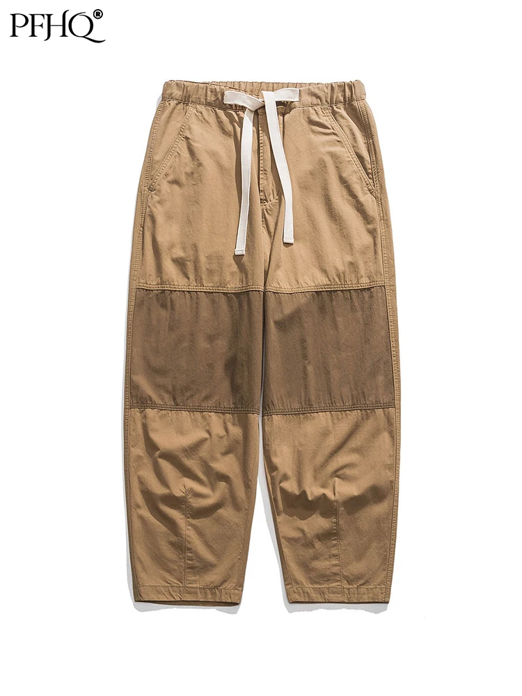 

PFHQ Men's Wear Colorblock Patchwork Twill Casual Trousers Drawstring Elastic Waist Outwear Japan Style Cotton Pants 21B4730