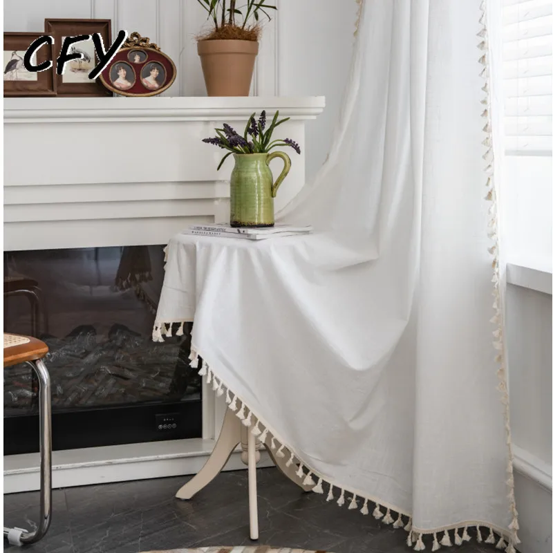

Cotton Boho Solid Window Curtain with Tassel Window Curtain Semi-shading Gray Drapes for Living Room Bedroom Kitchen Door Drapes