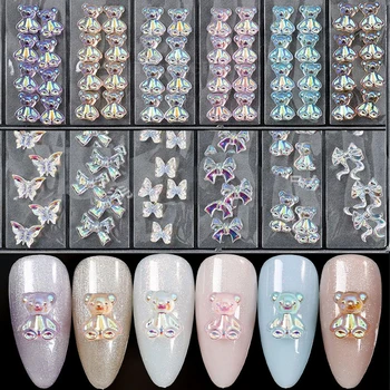 1 Pack 3D Aurora Bear Butterfly Nail Art Accessories Resin FlatBack White Flowers Acrylic Nails Glitter DIY Manicure Decoration 1