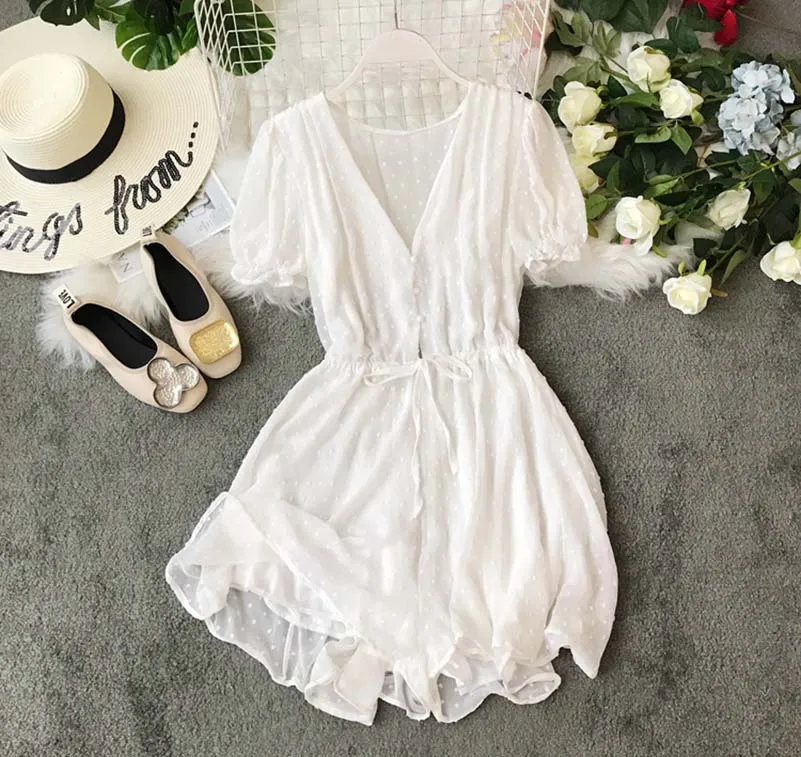 Summer Beach Overalls White Polka Dot Women Summer Jumpsuit Short Sleeve Sash Slim Waist V Neck Sexy Transparent Rompers Boho
