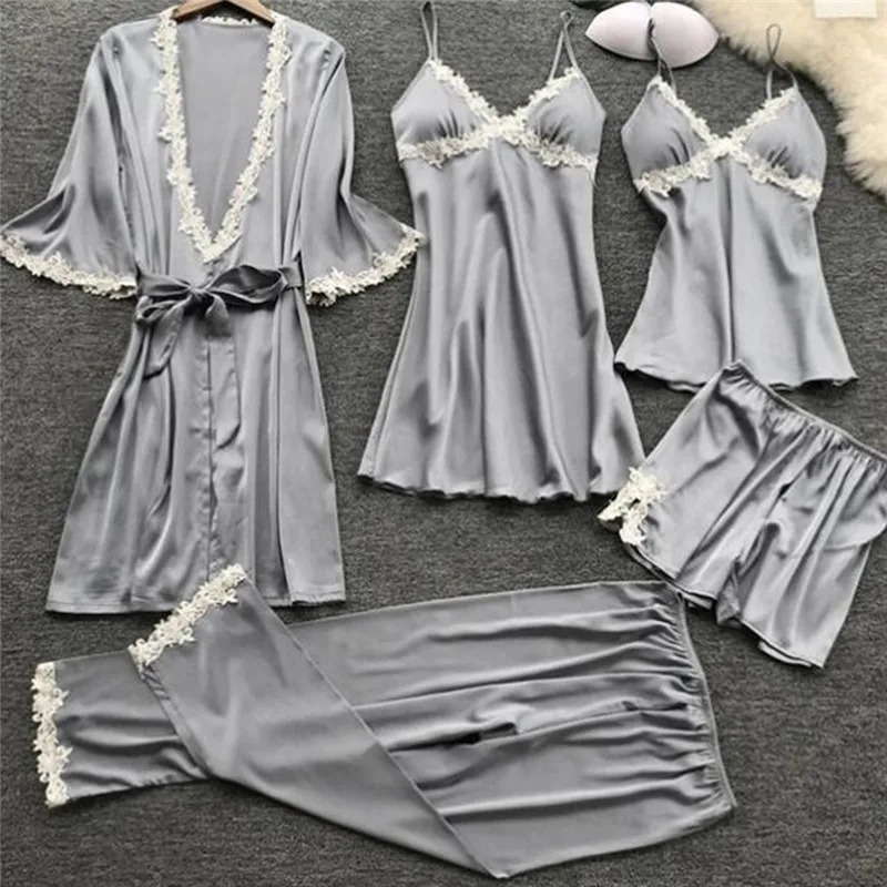 

Brand 5pcs Suit Ladies Sexy Silk Satin Pajama Set Female Lace Pyjama Set Sleepwear Autumn Winter Home Wear Nightwear For Women