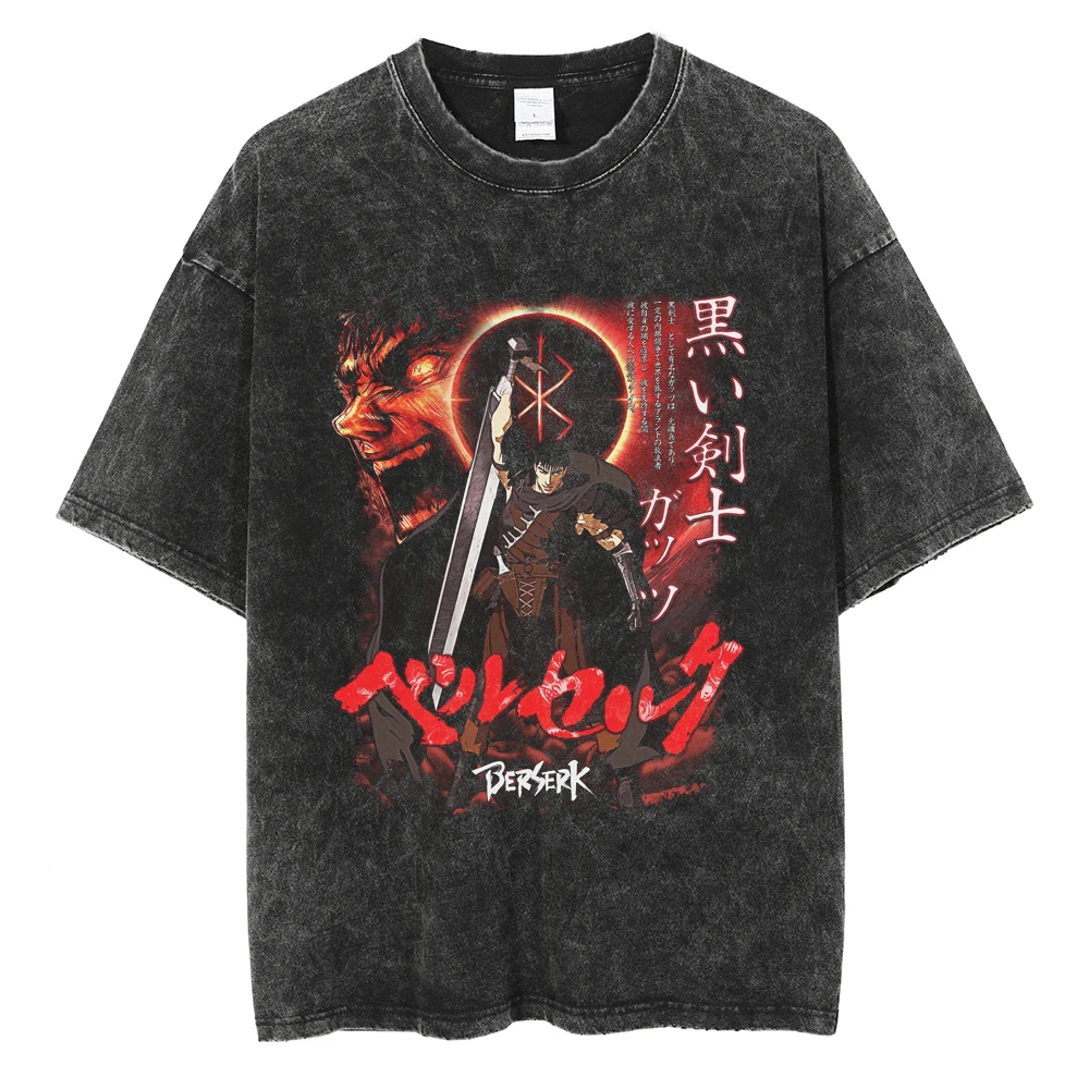 

Anime Berserk Tshirt Guts Printed T Shirt Retro Washed 100% Cotton Tops Tees 2023 Vintage Oversize Hip Hop Male T-shirts