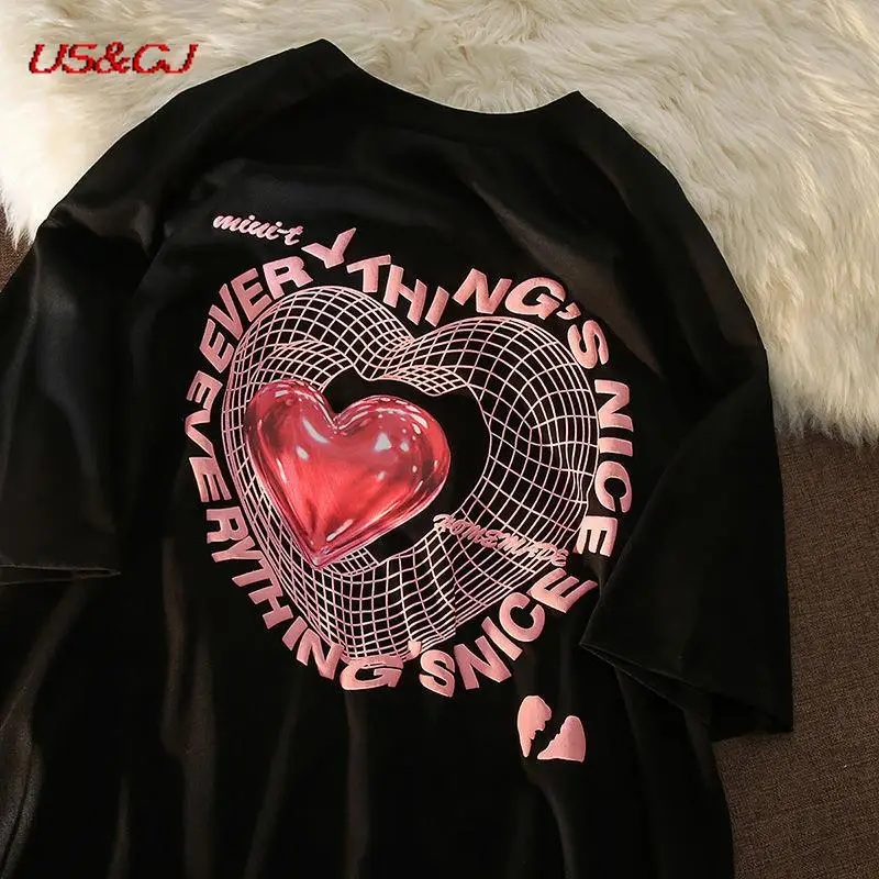 

100% Cotton Love Printing Short Sleeve T-shirt Female Student 2022 Summer Fashion High Street Loose Casual Tops
