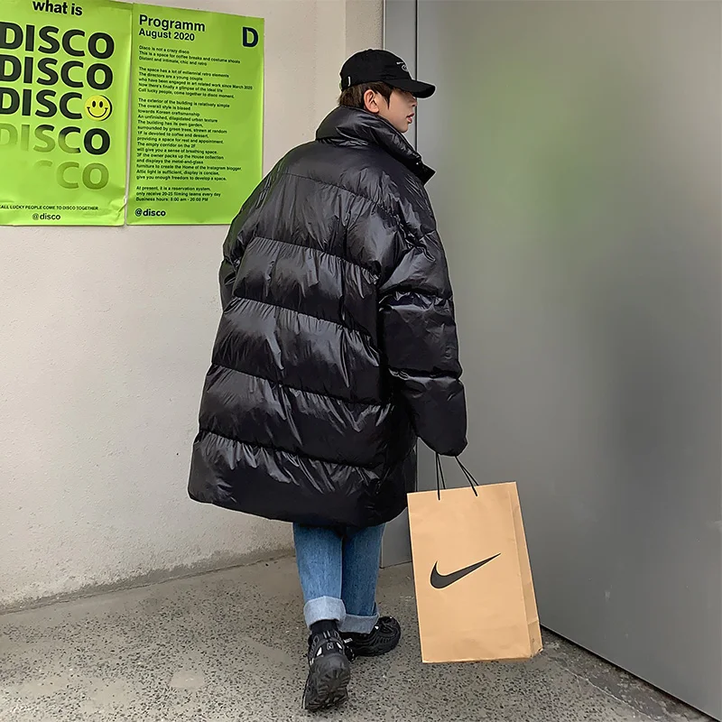YASUGUOJI Men's Winter Thick Long Parkas Korean Style Loose Fashion Warm Padded Jacket Outwear Oversize Bubble Parkas Coats Men
