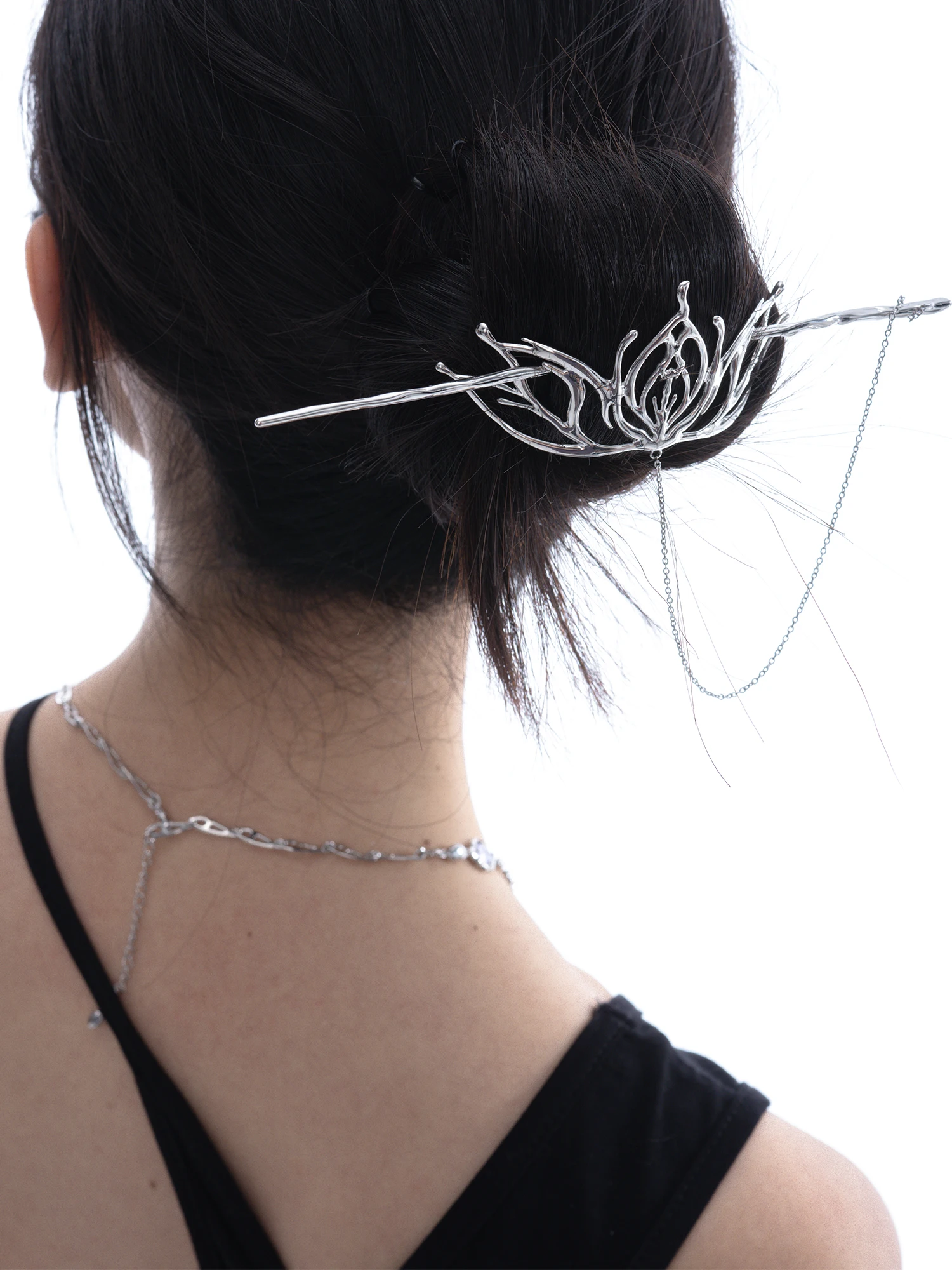 Женские длинные шпильки для волос серебристые металлические с цветочным принтом