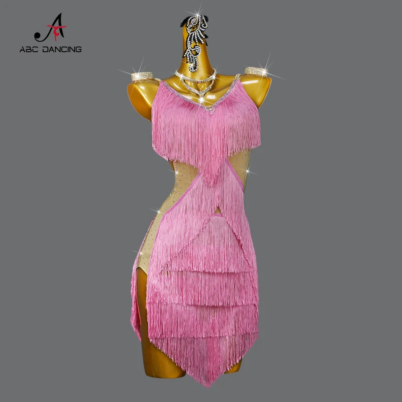 

New Latin Dance Fringe Dress Pink Professional Women's Sport Competition Costume Sexy Ballroom Skirt Free Shipping Customize Cha