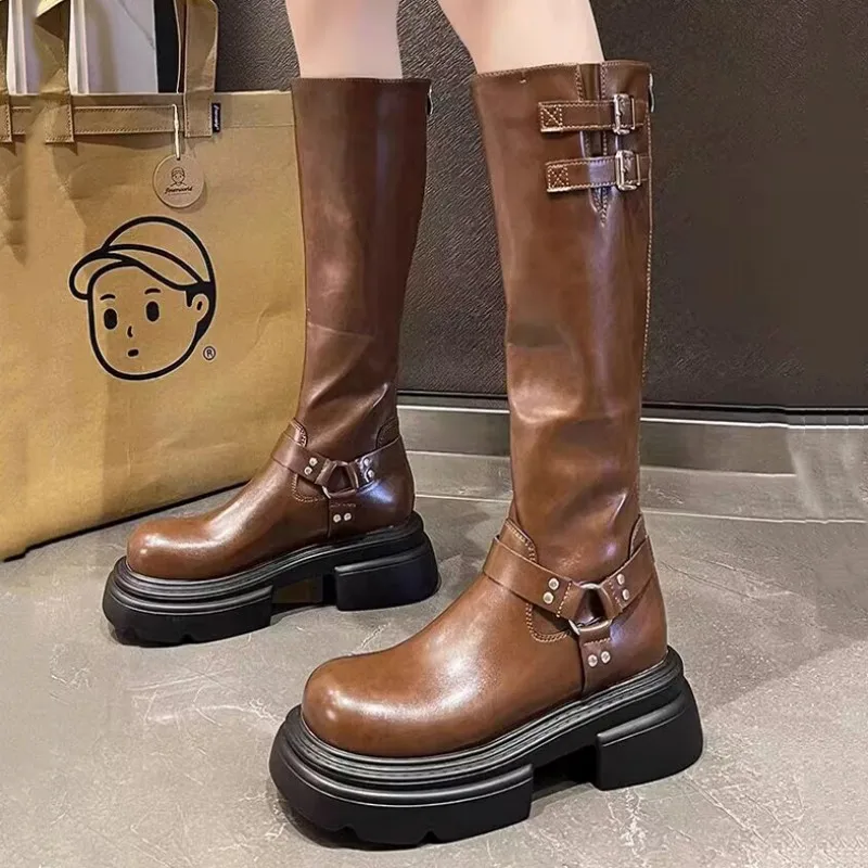 

Boots Women New Winter Chelsea Knee High Flat Shoes Fashion Platform Zipper Motorcycle Boot Chunky Shoes Snow Boot Zapatos Mujer