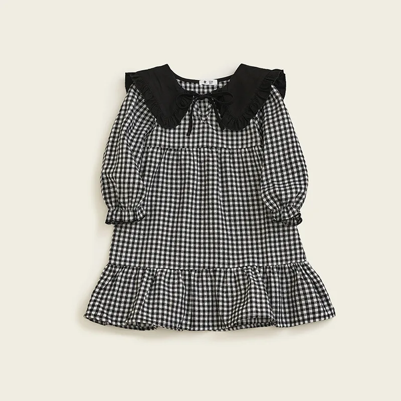 Повседневные платья для девочек платье в клетку с отворотами и принтом детская