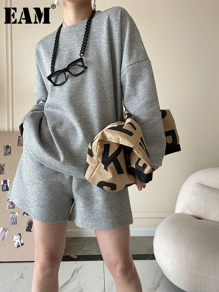 

[EAM] шорты с широкими штанинами серый костюм из двух предметов большого размера Новый женский модный костюм с круглым вырезом и длинными рук...