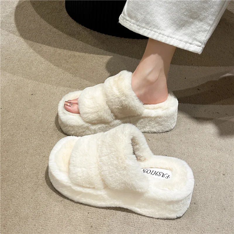 

House Slippers Platform Female Shoes Fur Flip Flops Med Slides 2023 Plush Massage Flat with fur Short Fur Shoes Home Slippers Wo