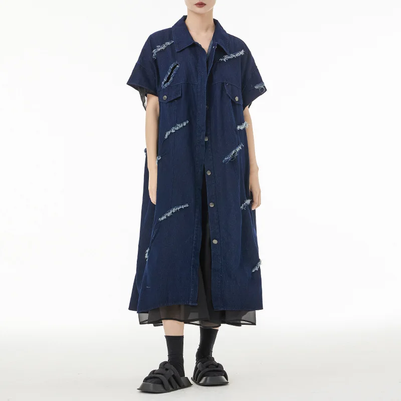 

Ripped Hoel Denim Vest Coat 2023 Spring Summer Women Retro Streetwear Hip Hop Casual Loose Sleeveless Long Cardigan Jacket 90739