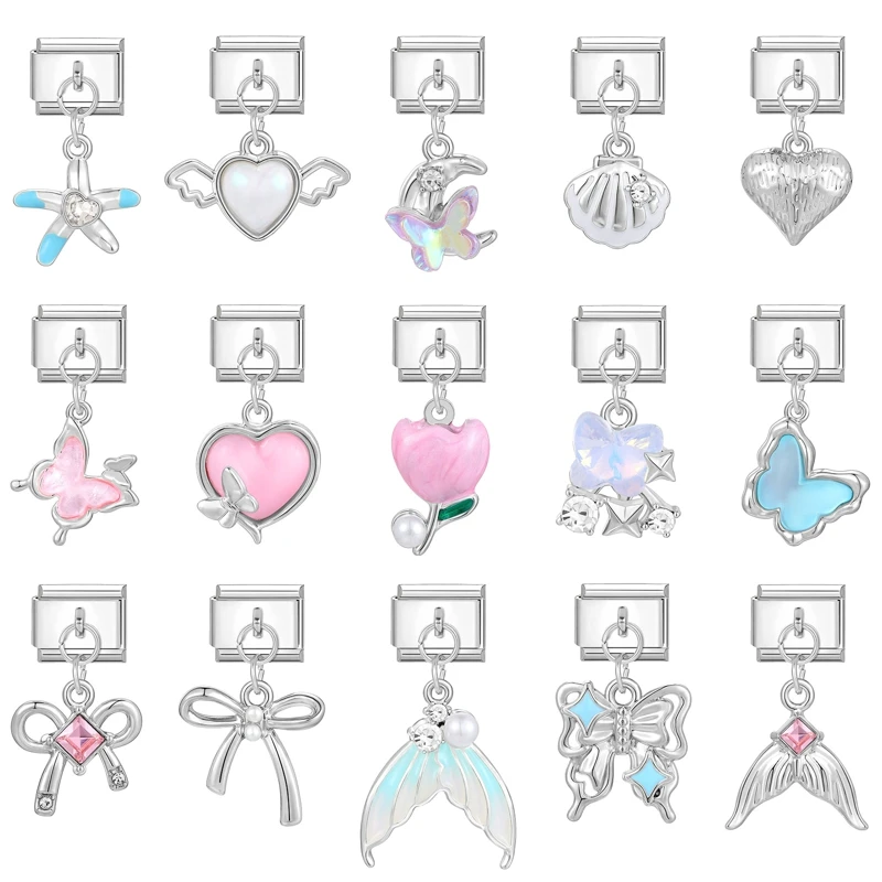 Couple Bracelet Butterfly Love Wings Tulip Italian Charm Links Fit 9mm Stainless Steel DIY Jewelry Making Wholesale