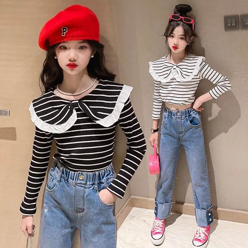 

Весенняя футболка с длинным рукавом для маленьких девочек, в полоску, с отложным воротником и оборками, детская одежда для подростков, детей от 6 до 16 лет